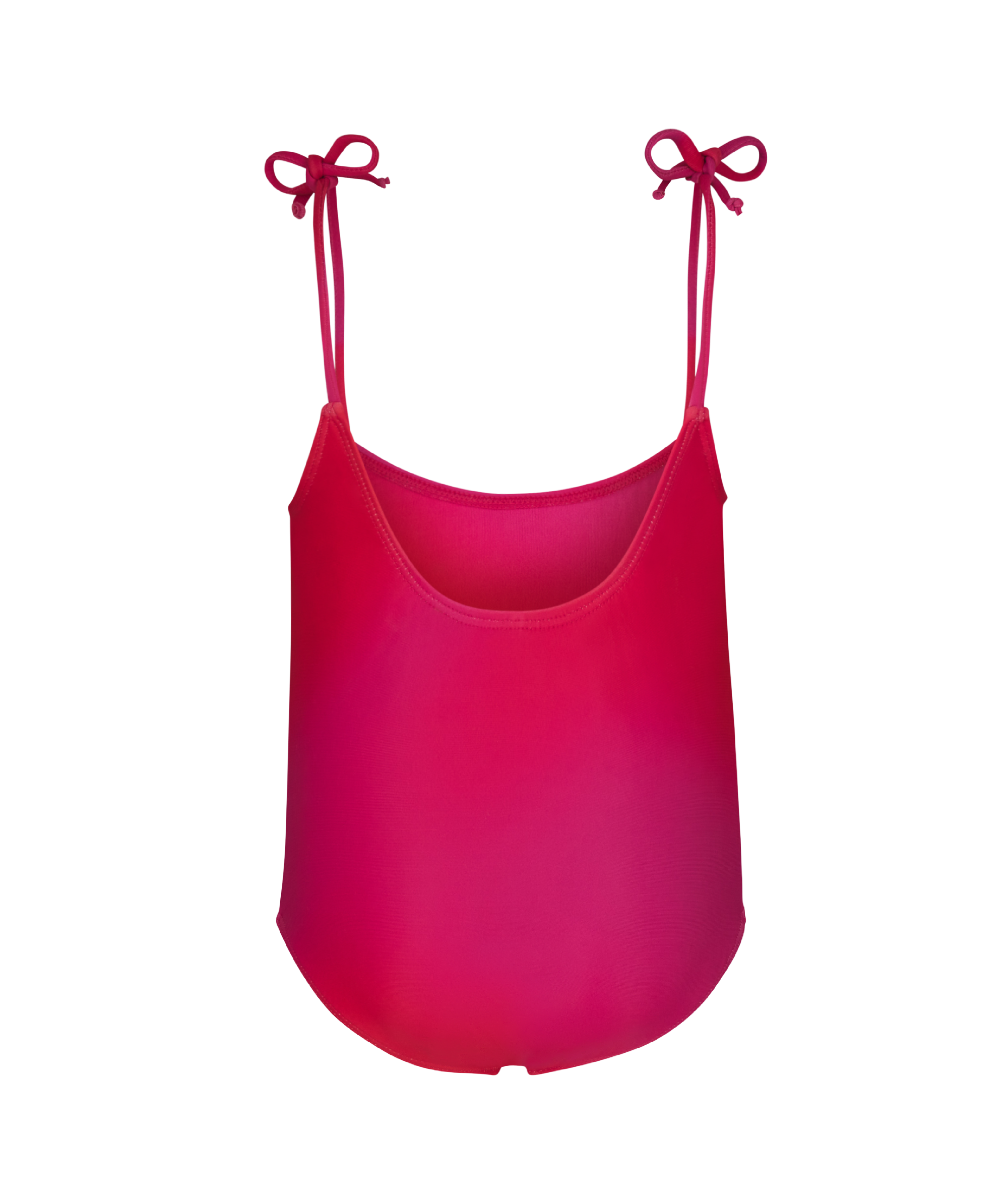 Kylie Swim Mini Swim Red/Pink Ombre Features Adjustable Straps and Doubled Lined Fabric, Back Side.