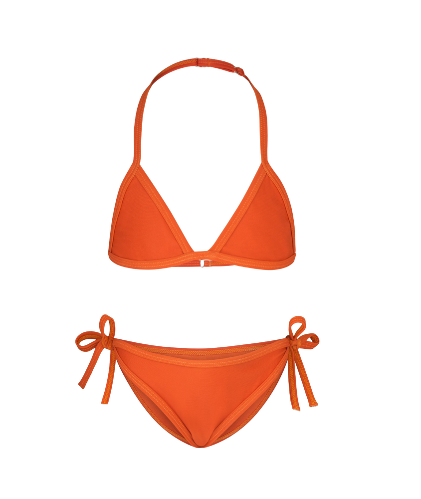 Kylie Swim Mini Swim Orange Two-Piece Triangle Top and Tie Bottoms.