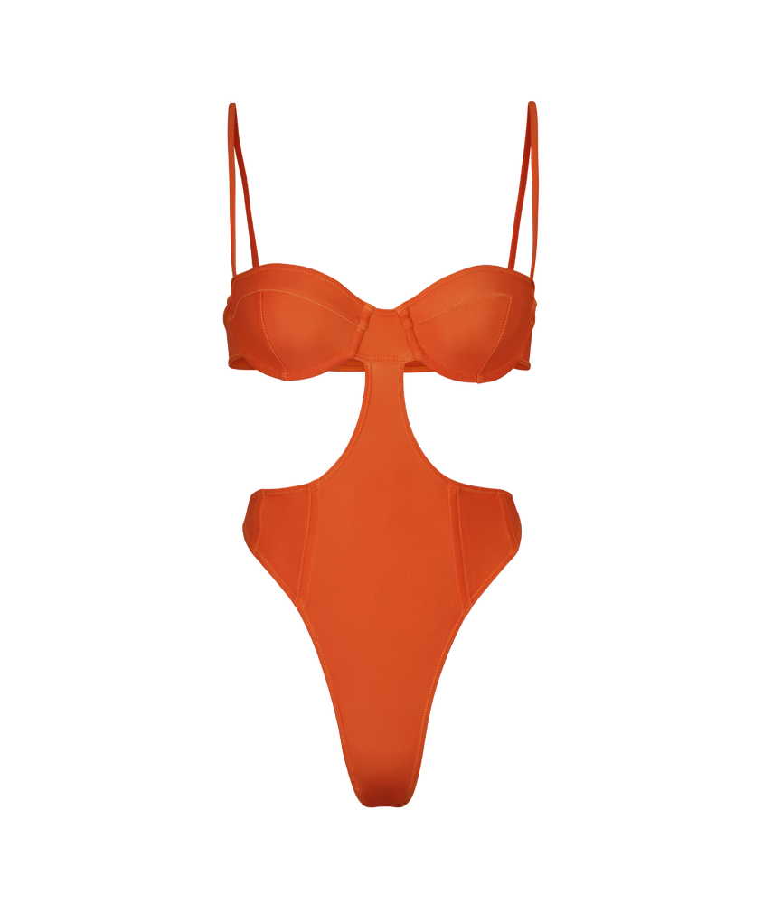 Kylie Swim Orange One-Piece Swimsuit with Over the Shoulder Adjustable Straps and Clasp Back uUnderwired Bra.