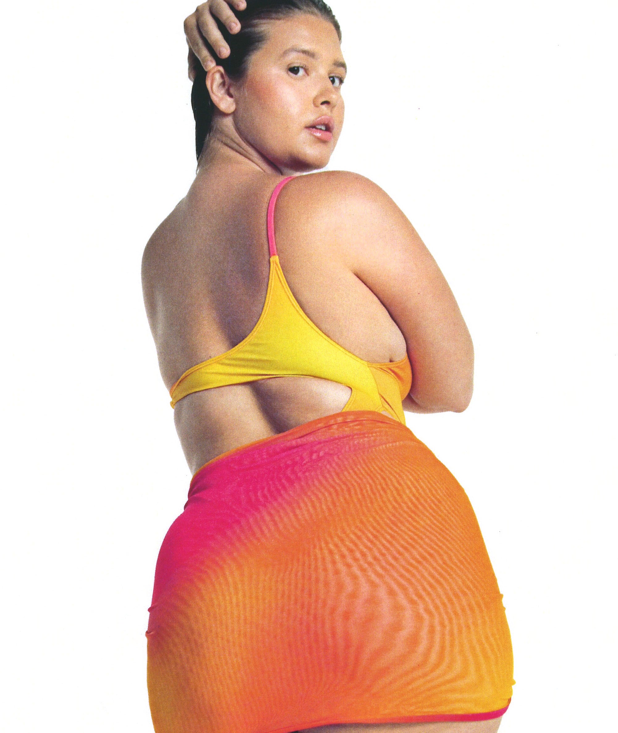 Kylie Swim Sunset Ombre Sarong on Model Size L Paired with Cut it Out One-Piece, Back Side
