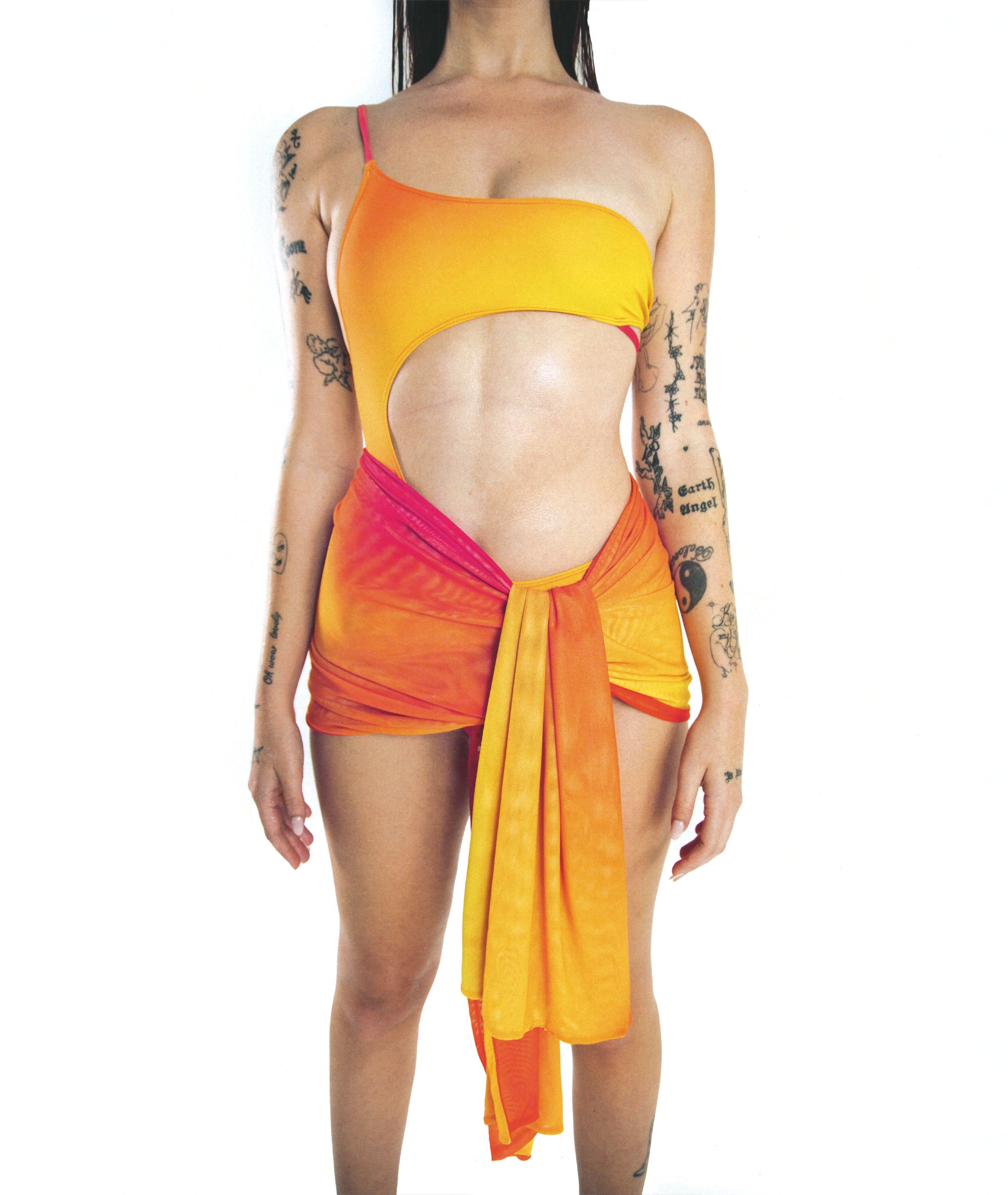 Kylie Swim Sunset Ombre Sarong on Model Size S Paired with Cut it Out One-Piece