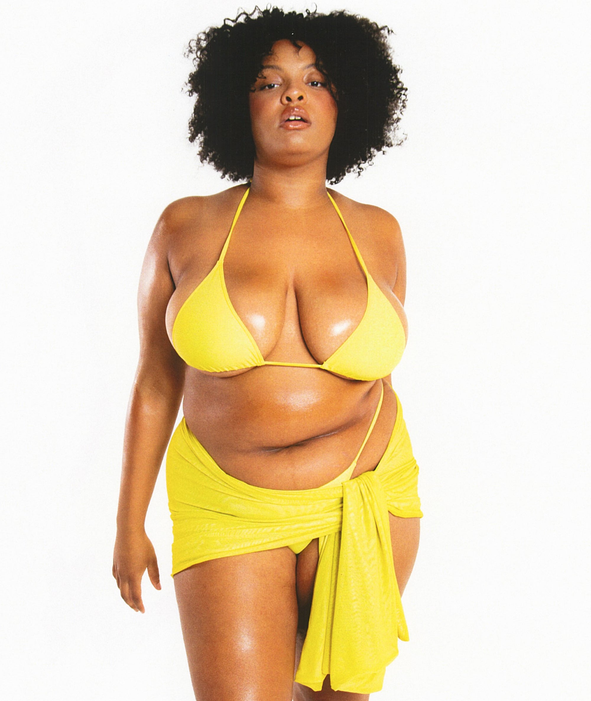 Kylie Swim Yellow Sarong on Model Size XL Paired with Yellow Triangle Bikini Top